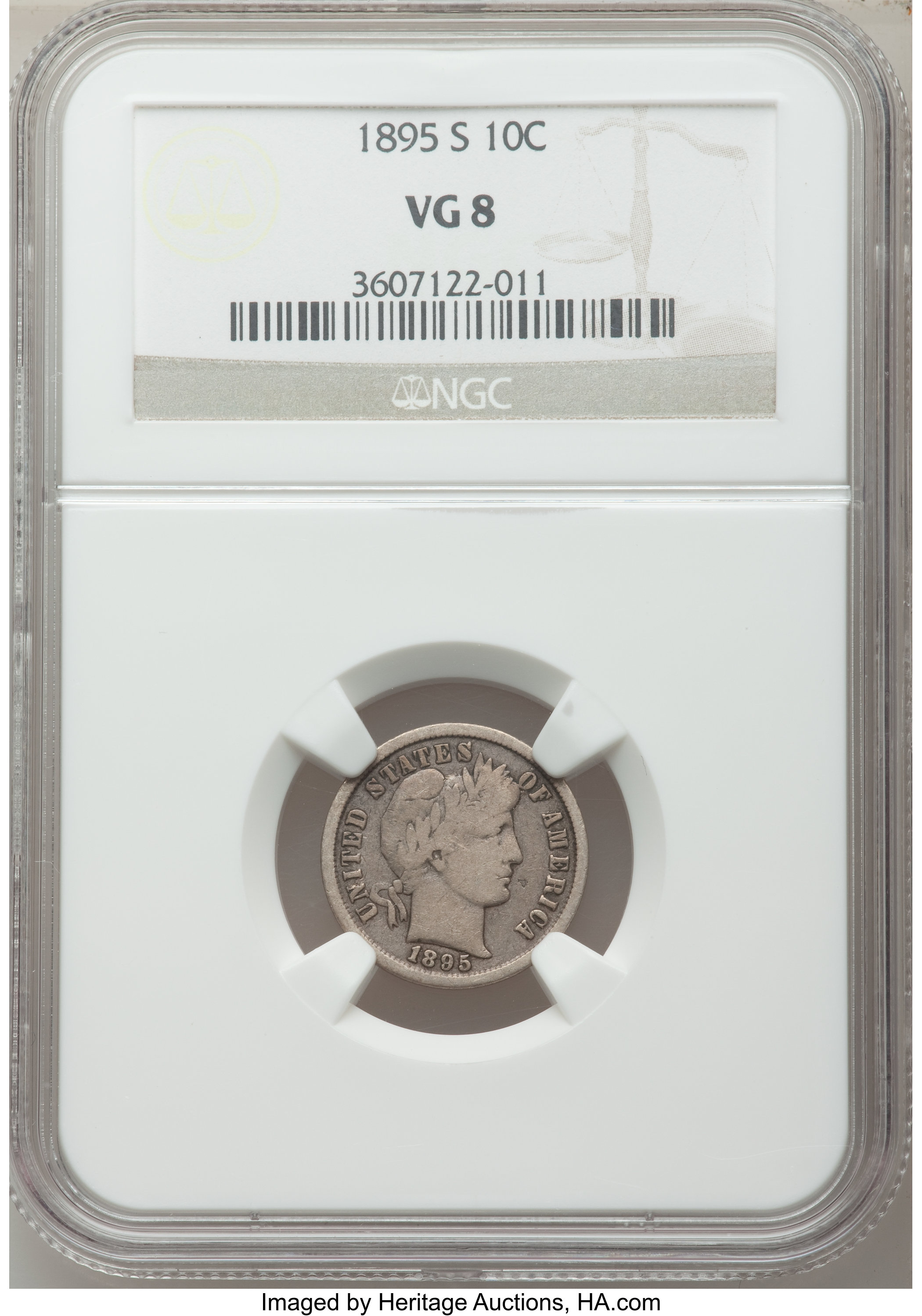 1895-S 10C VG8 NGC. NGC Census: (3/167). PCGS Population (7/187). Mintage: 1,120,000. Numismedia Wsl. Price for problem fre...