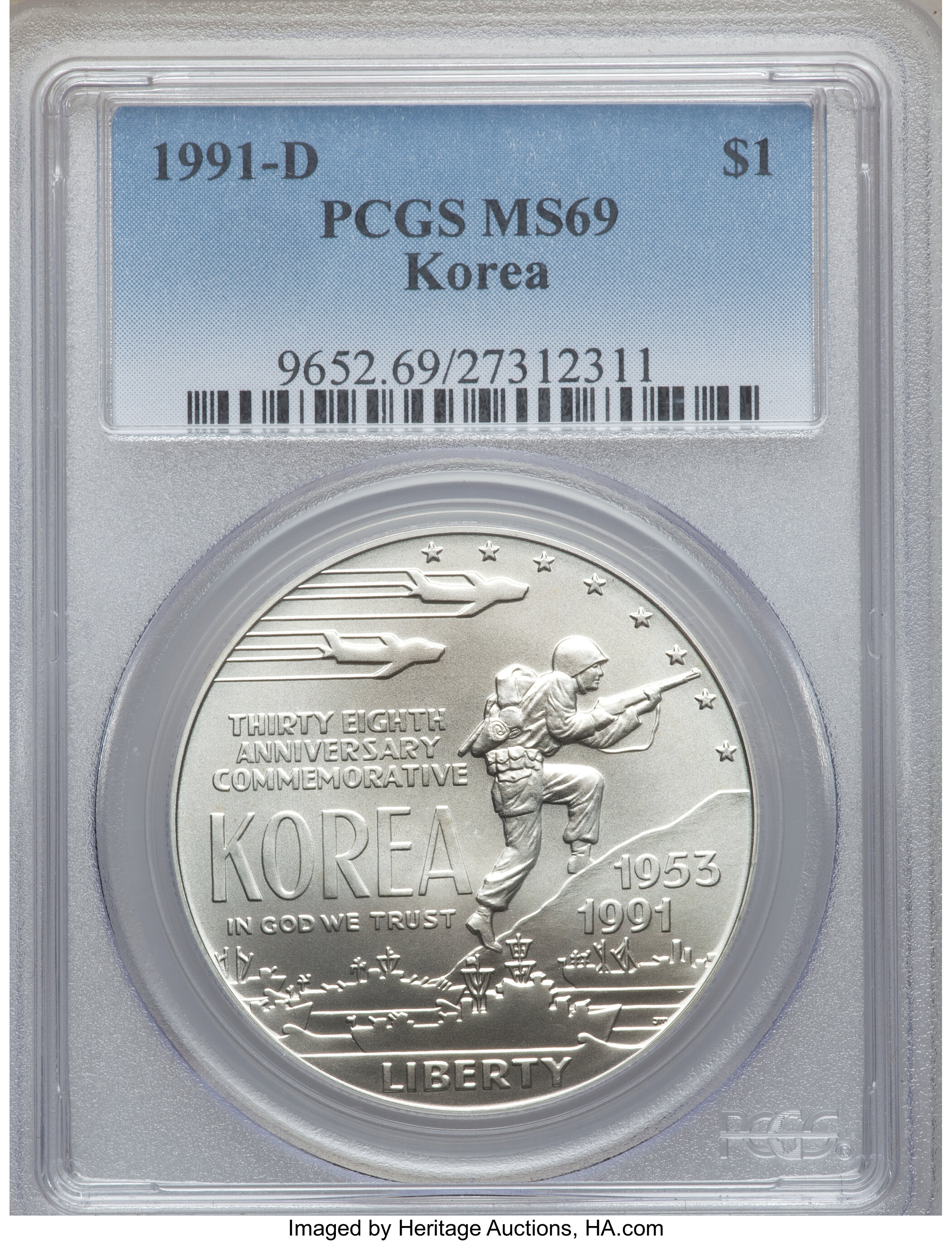 1991-D $1 Korean War Silver Dollar MS69 PCGS. PCGS Population (2669/263). NGC Census: (1851/290). Mintage: 213,049. Numisme...