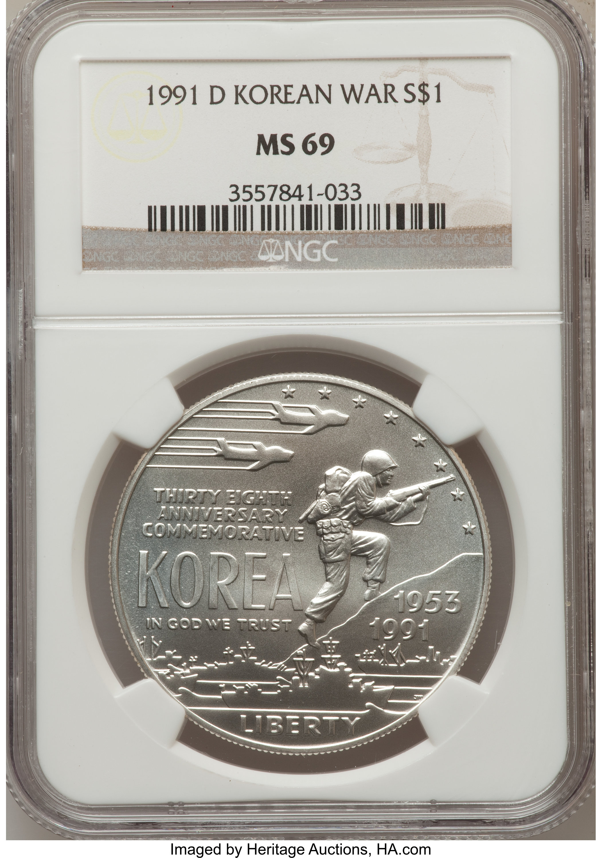 1991-D $1 Korean War Silver Dollar MS69 NGC. NGC Census: (1851/290). PCGS Population (2669/263). Mintage: 213,049. Numismed...
