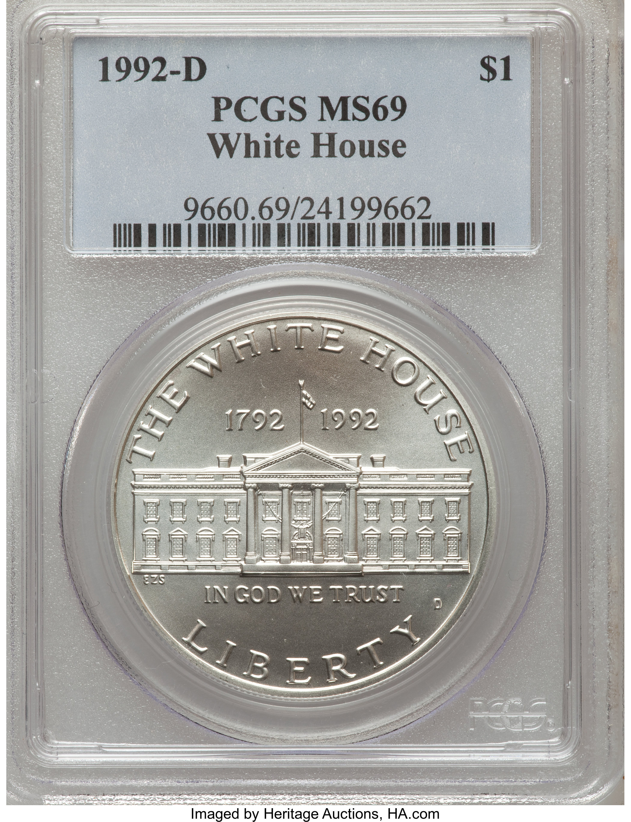 1992-D $1 White House Silver Dollar MS69 PCGS. PCGS Population (2110/203). NGC Census: (1538/372). Mintage: 123,803. Numism...