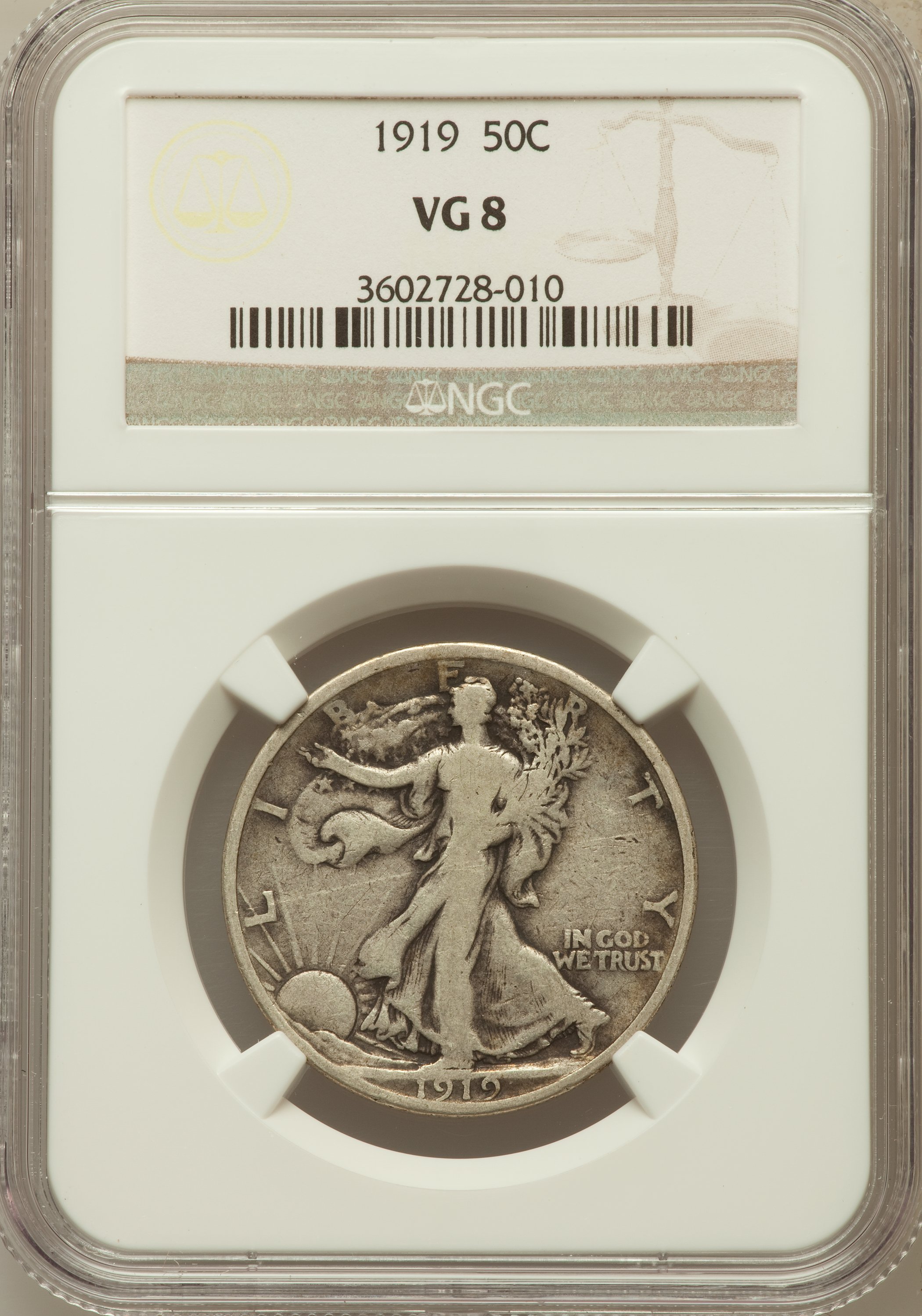 1919 50C VG8 NGC. NGC Census: (15/449). PCGS Population (30/676). Mintage: 962,000. Numismedia Wsl. Price for problem free ...