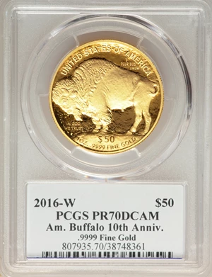 image for: 2016-W $50 One-Ounce Gold Buffalo, 10th Anniversary, Moy Signature PR70 Deep Cameo PCGS. .9999 Fine Gold. PCGS Population: ...