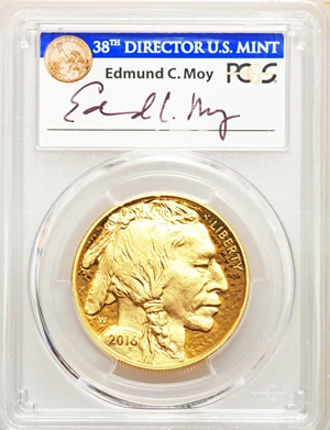 image for: 2016-W $50 One-Ounce Gold Buffalo, 10th Anniversary, Moy Signature PR70 Deep Cameo PCGS. .9999 Fine Gold. PCGS Population: ...