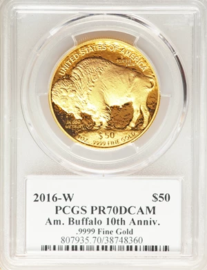 image for: 2016-W $50 One-Ounce Gold Buffalo, 10th Anniversary, Moy Signature PR70 Deep Cameo PCGS. .9999 Fine Gold. PCGS Population: ...