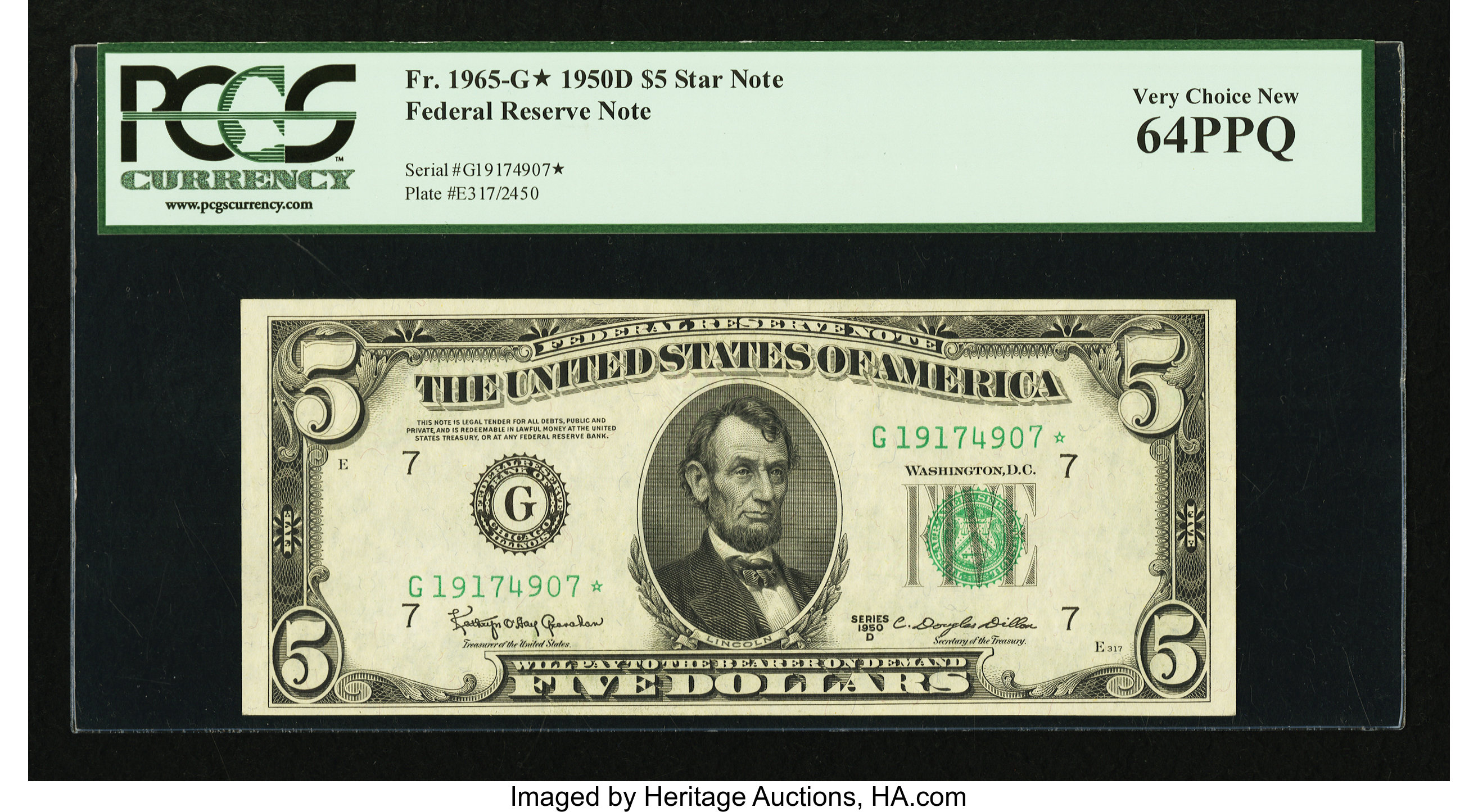 image for: Fr. 1965-G* $5 1950D Federal Reserve Note. PCGS Very Choice New 64PPQ....