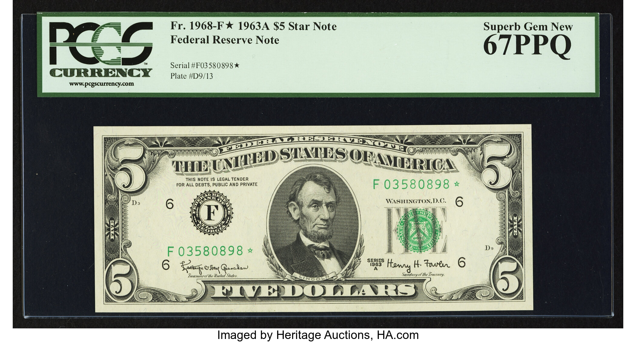 image for: Fr. 1968-F* $5 1963A Federal Reserve Note. PCGS Superb Gem New 67PPQ....
