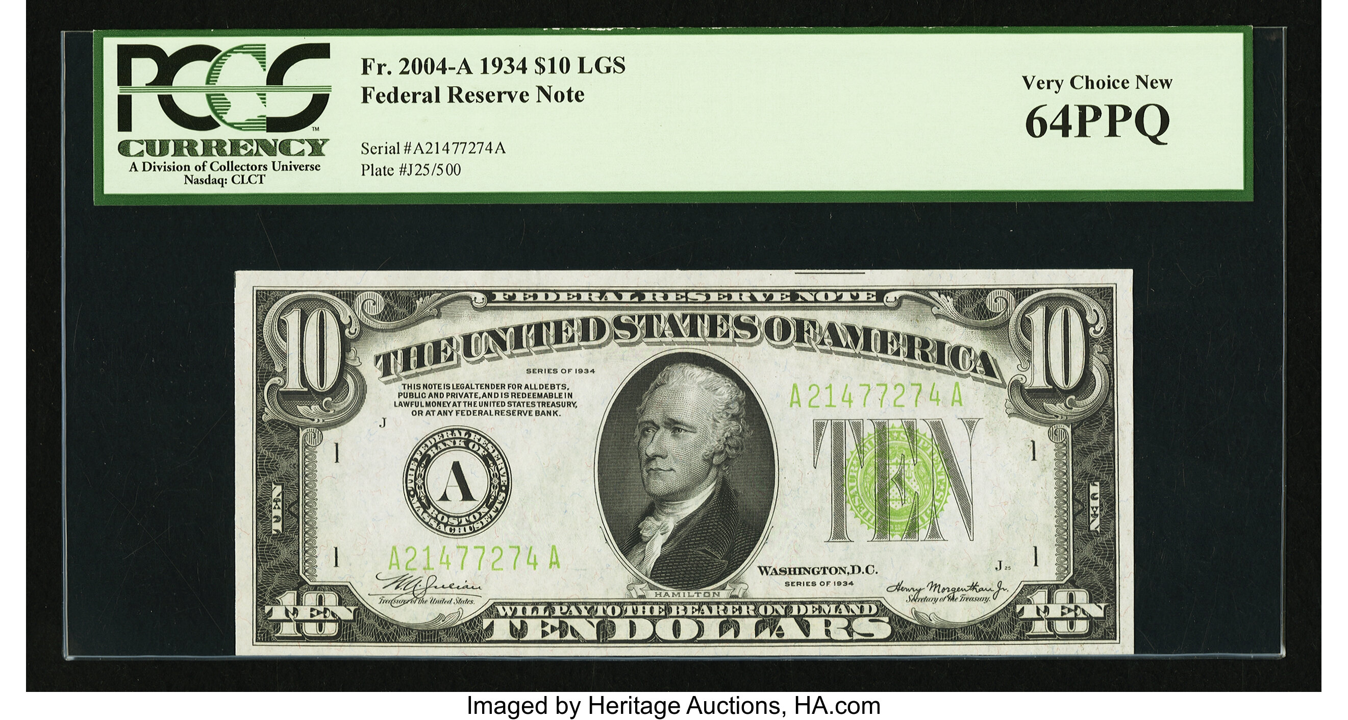 image for: Fr. 2004-A $10 1934 Light Green Seal Federal Reserve Note. PCGS Very Choice New 64PPQ....