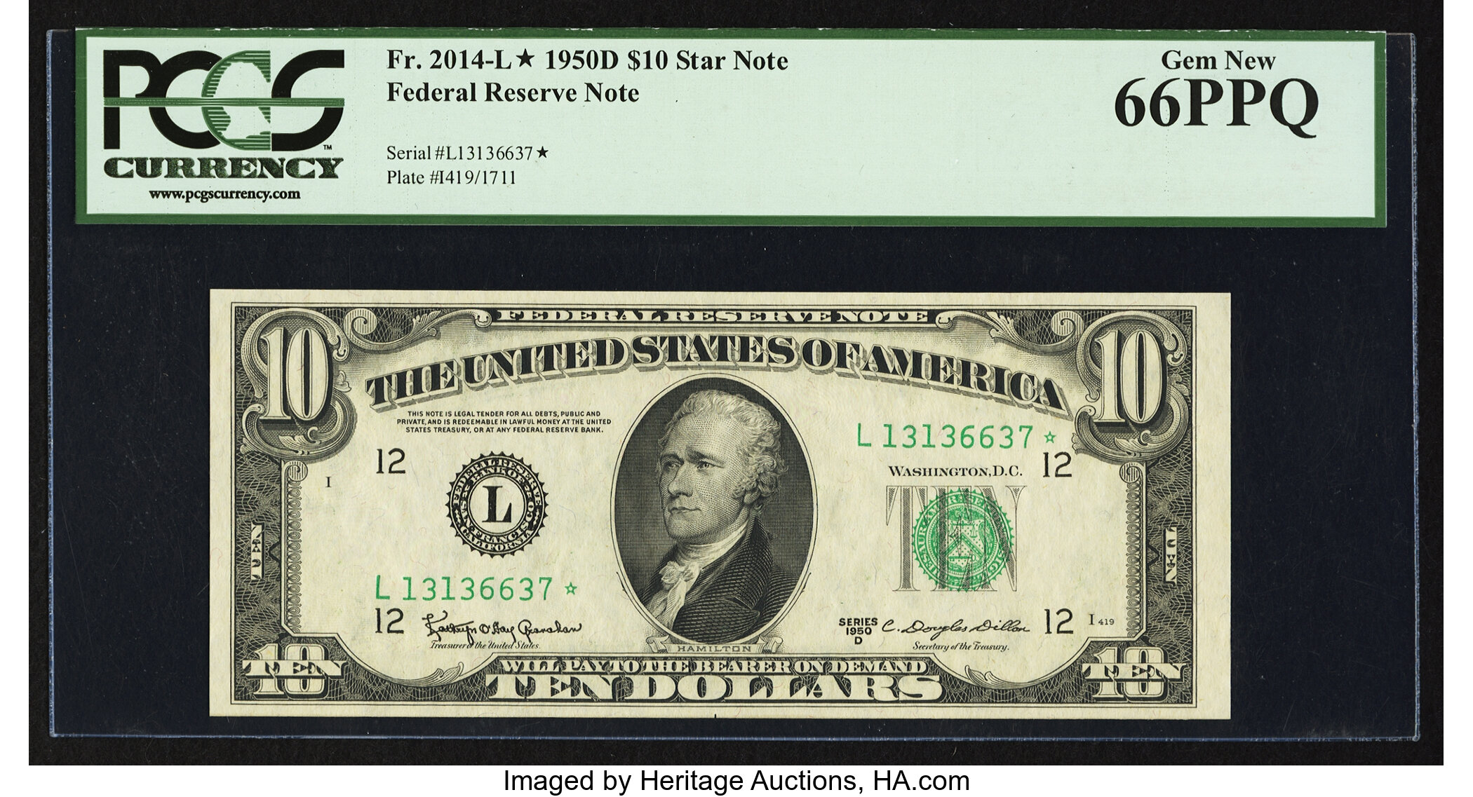 image for: Fr. 2014-L* $10 1950D Federal Reserve Note. PCGS Gem New 66PPQ....