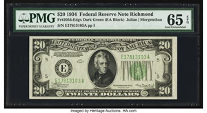 image for: Fr. 2054-E $20 1934 Dark Green Seal Federal Reserve Note. PMG Gem Uncirculated 65 EPQ....