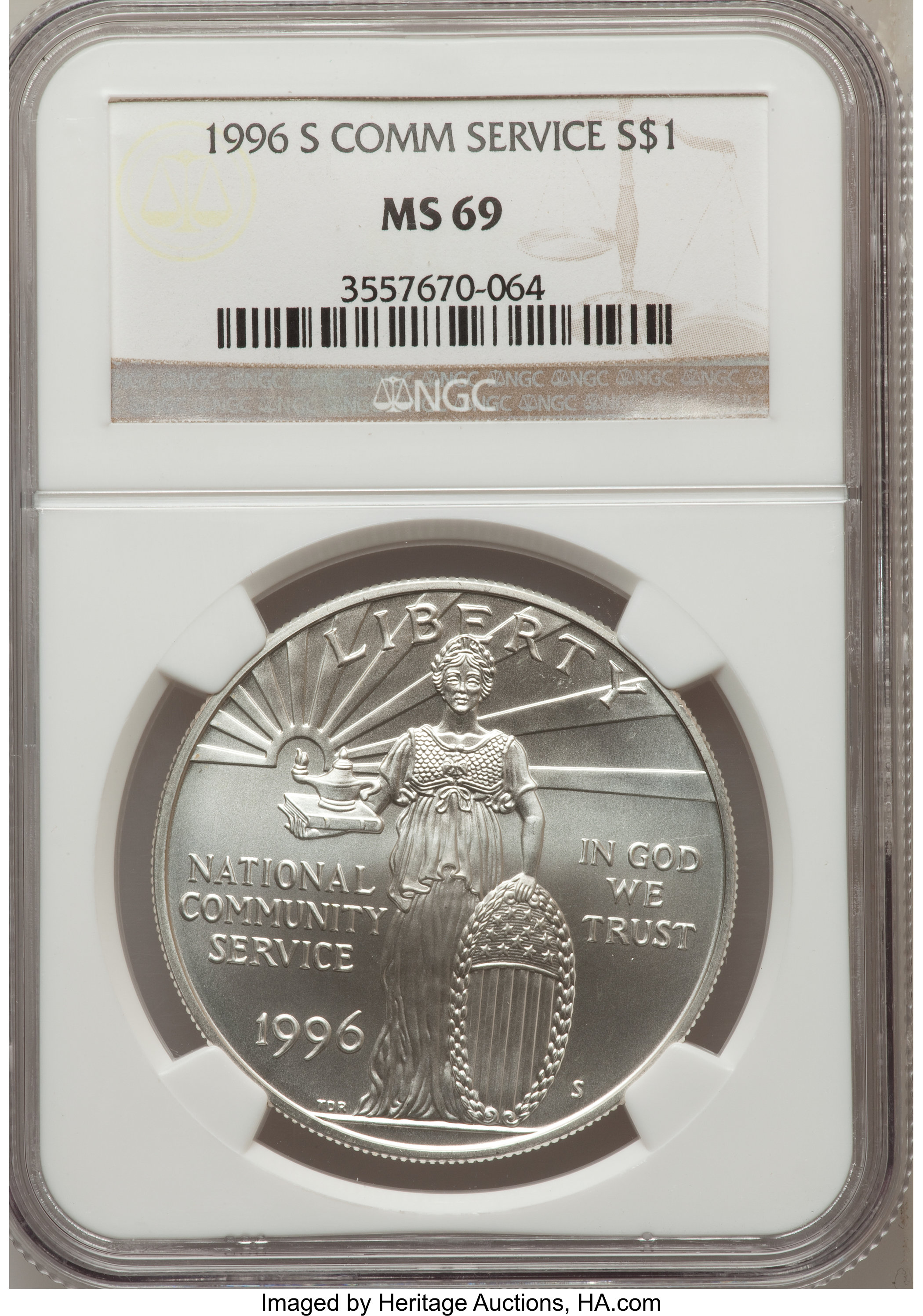 1996-S $1 Community Service Silver Dollar MS69 NGC. NGC Census: (676/245). PCGS Population (1142/115). Mintage: 23,500. Num...