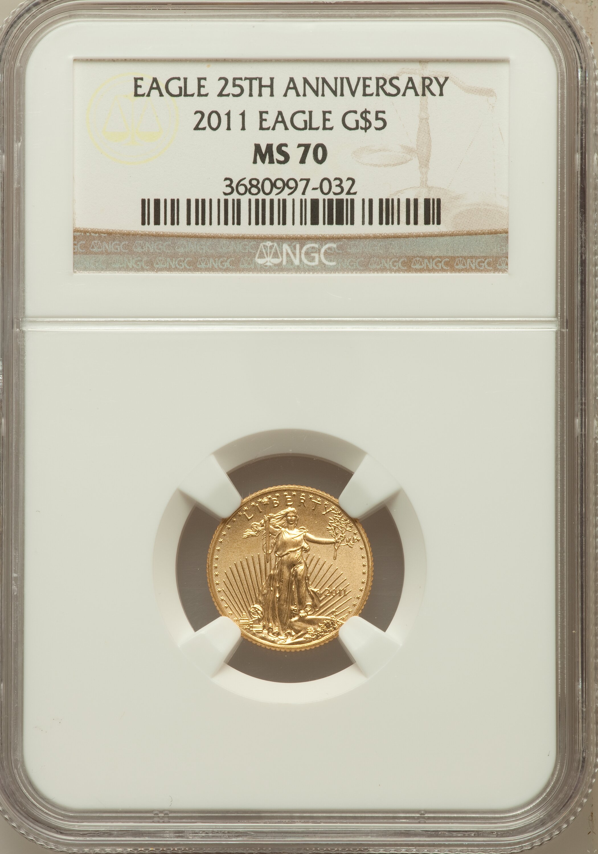 2011 $5 Tenth-Ounce Gold Eagle, 25th Anniversary MS70 NGC. NGC Census: (512). PCGS Population (6). ...
