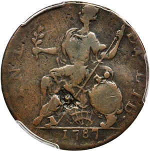 image for: 1787 Connecticut Copper. Miller-1.3-L, W-2735. Rarity-6. Mailed Bust Right, INDE ET LIB--Museum Inked--VG-10 (PCGS).