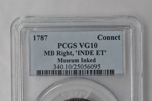 image for: 1787 Connecticut Copper. Miller-1.3-L, W-2735. Rarity-6. Mailed Bust Right, INDE ET LIB--Museum Inked--VG-10 (PCGS).