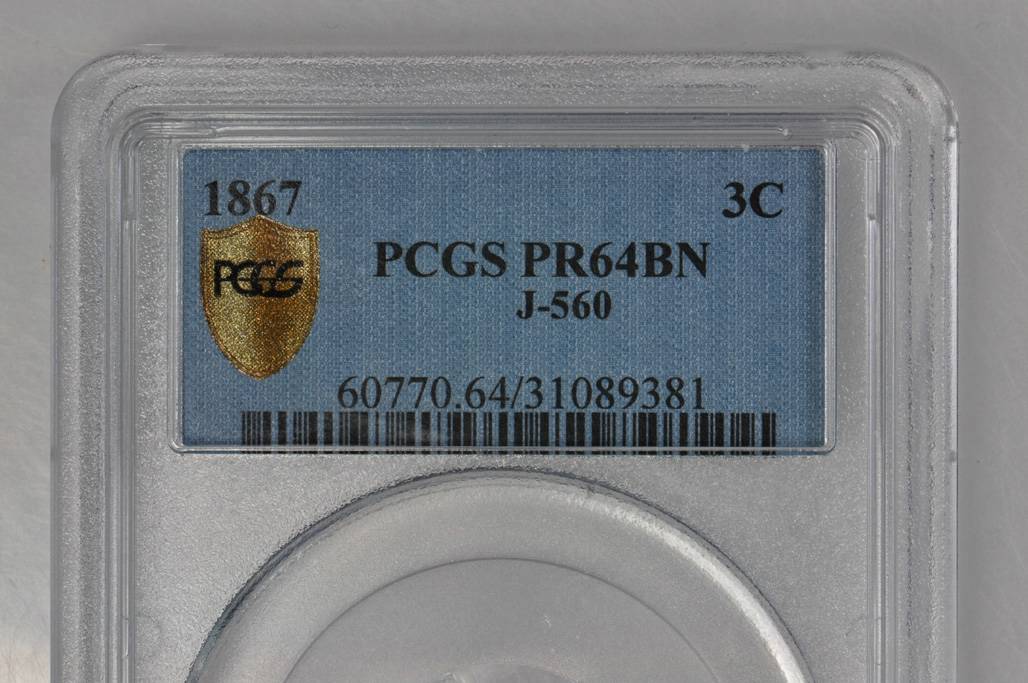 image for: 1867 Pattern Silver Three-Cent Piece. Judd-560, Pollock-621. Rarity-7+. Copper. Plain Edge. Proof-64 BN (PCGS). Secure Holder.