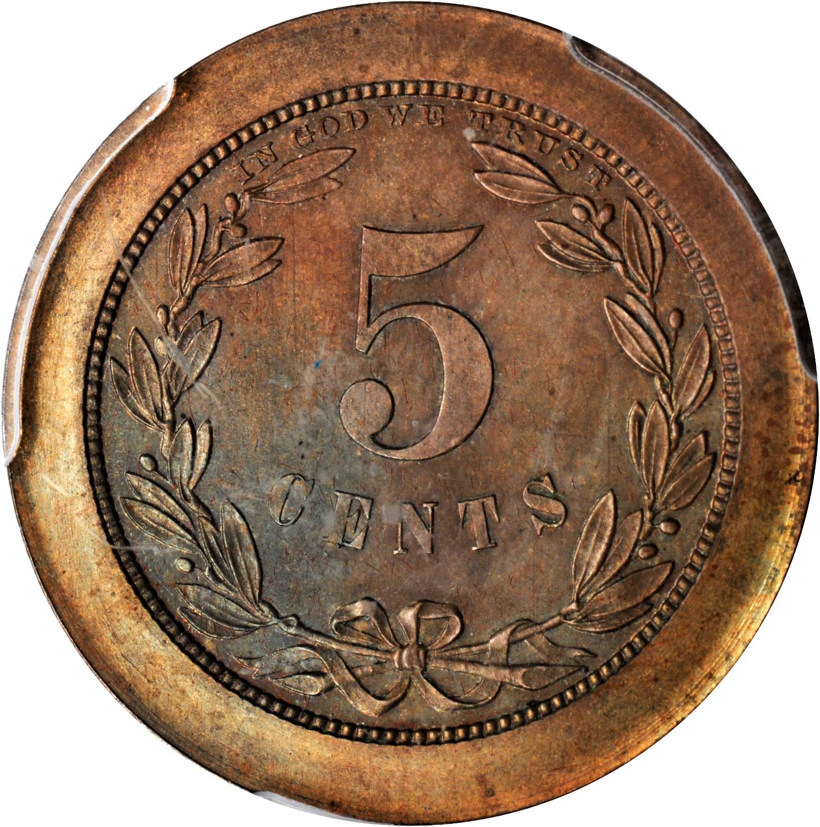 image for: 1868 Pattern Five-Cent Piece. Judd-627, Pollock-696. Rarity-7-. Copper. Plain Edge. Wide Planchet. Proof-64 BN (PCGS).
