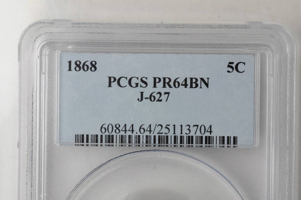 image for: 1868 Pattern Five-Cent Piece. Judd-627, Pollock-696. Rarity-7-. Copper. Plain Edge. Wide Planchet. Proof-64 BN (PCGS).