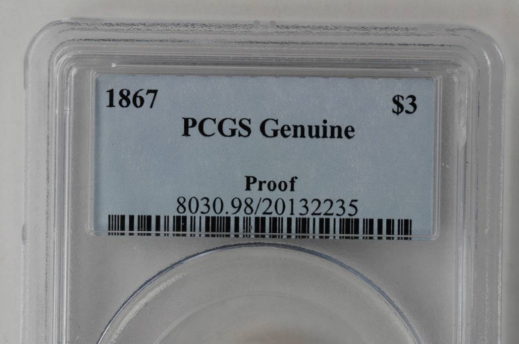 image for: 1867 Three-Dollar Gold Piece. Proof. Genuine--Code 98, Damage (PCGS).