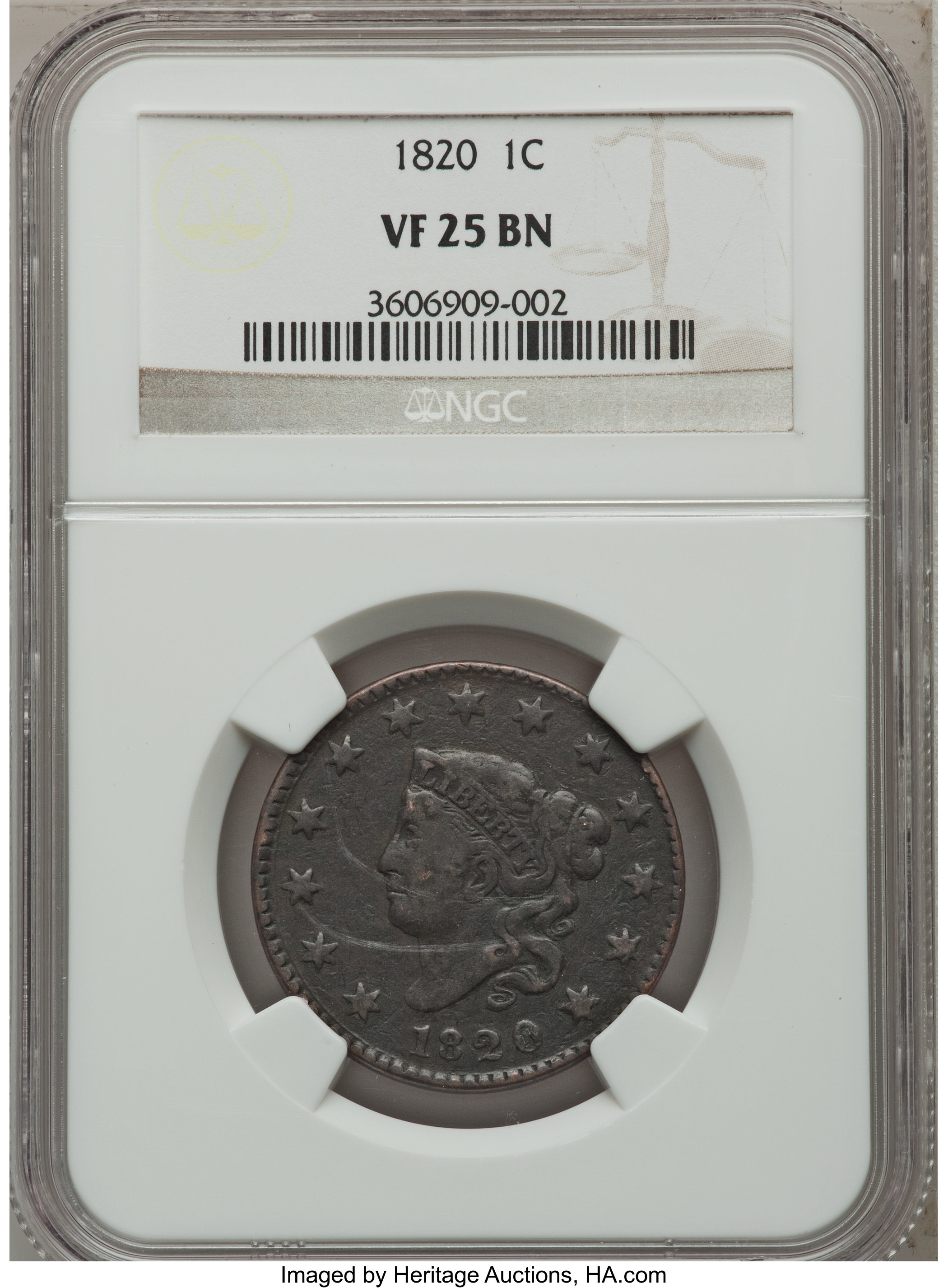1820 1C Large Date VF25 NGC. NGC Census: (3/574). PCGS Population (3/486). Mintage: 4,407,550. Numismedia Wsl. Price for pr...