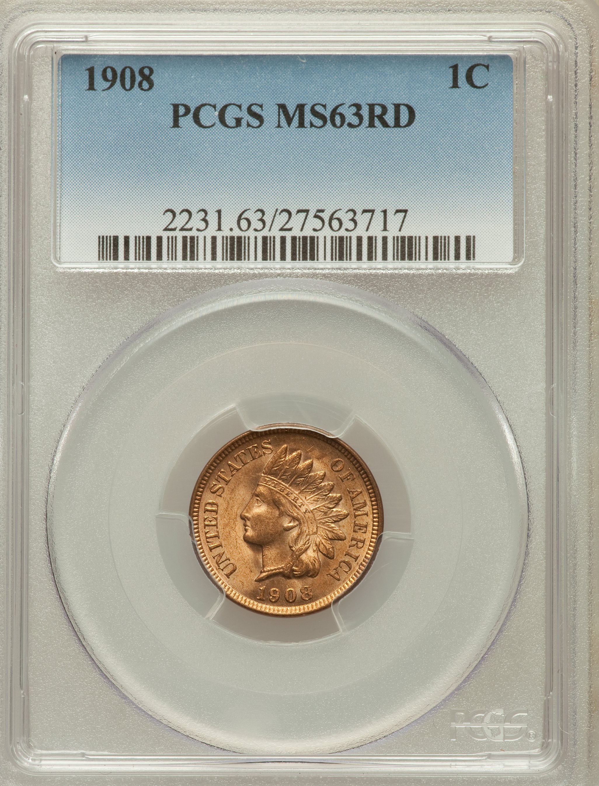 1908 1C MS63 Red PCGS. PCGS Population (56/675). NGC Census: (19/364). Mintage: 32,327,988. Numismedia Wsl. Price for probl...