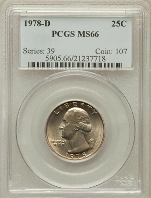 image for: 1978-D 25C MS66 PCGS. PCGS Population (91/28). NGC Census: (62/15). Mintage: 287,373,152. Numismedia Wsl. Price for problem...