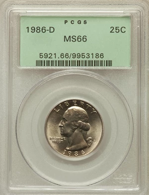 image for: 1986-D 25C MS66 PCGS. PCGS Population (114/9). NGC Census: (87/35). Mintage: 504,298,656. Numismedia Wsl. Price for problem...