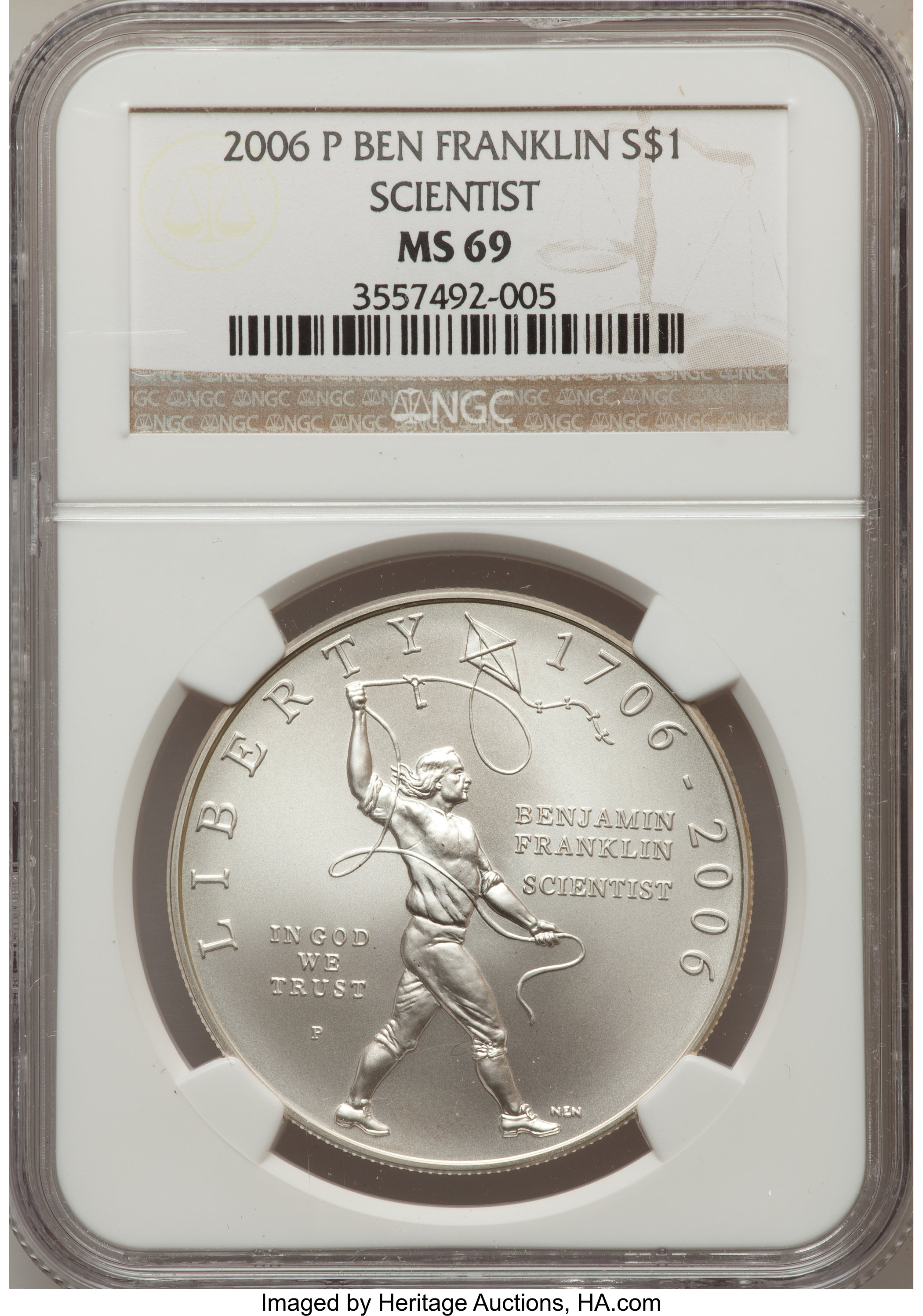 2006-P $1 Ben Franklin, Scientist MS69 NGC. NGC Census: (2187/5374). PCGS Population (2517/444). Numismedia Wsl. Price for...