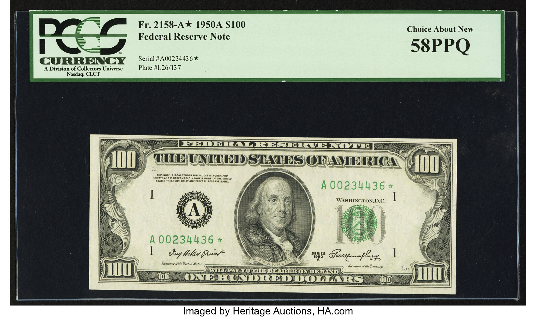 image for: Fr. 2158-A* $100 1950A Federal Reserve Star Note. PCGS Choice About New 58PPQ....