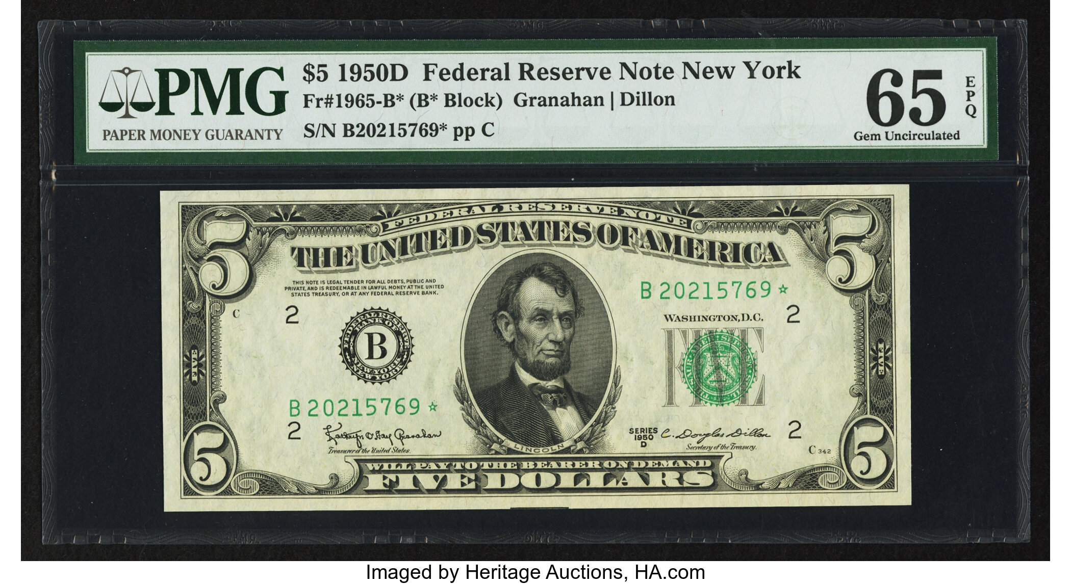 image for: Fr. 1965-B* $5 1950D Federal Reserve Note. PMG Gem Uncirculated 65 EPQ....