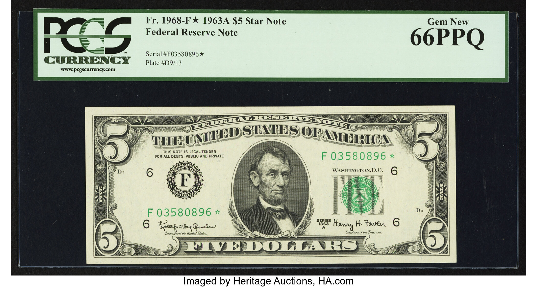 image for: Fr. 1968-F* $5 1963A Federal Reserve Note. PCGS Gem New 66PPQ....