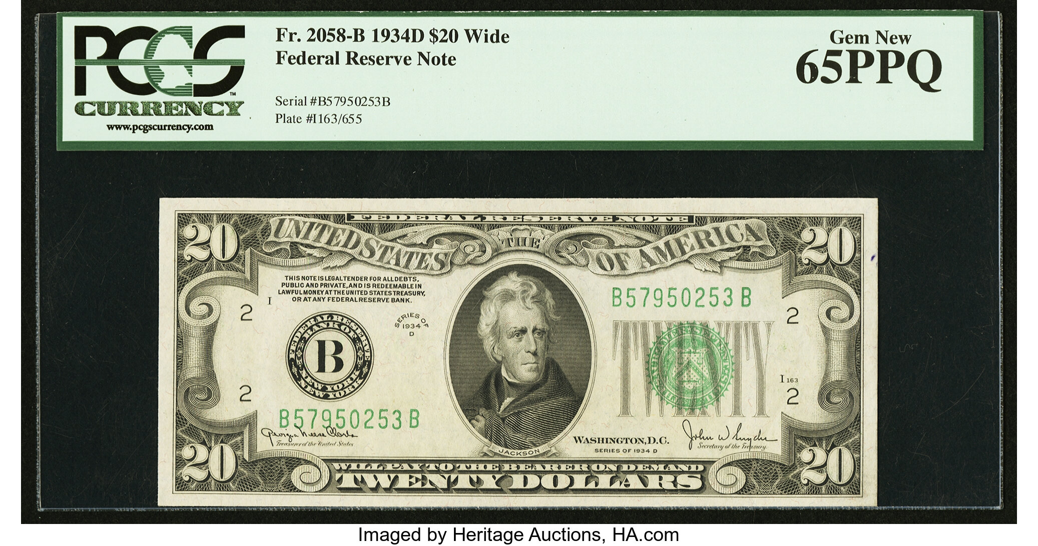image for: Fr. 2058-B $20 1934D Wide Federal Reserve Note. PCGS Gem New 65PPQ....