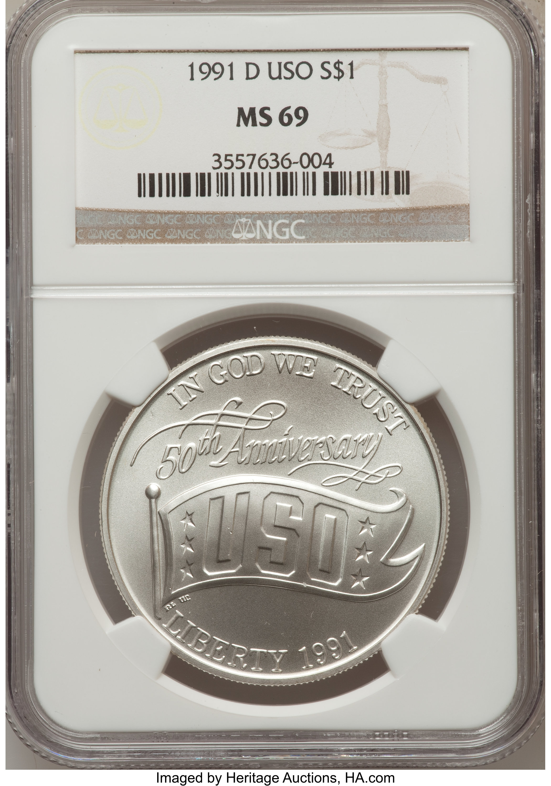 1991-D $1 USO Silver Dollar MS69 NGC. NGC Census: (1678/294). PCGS Population (2280/248). Mintage: 124,958. Numismedia Wsl....
