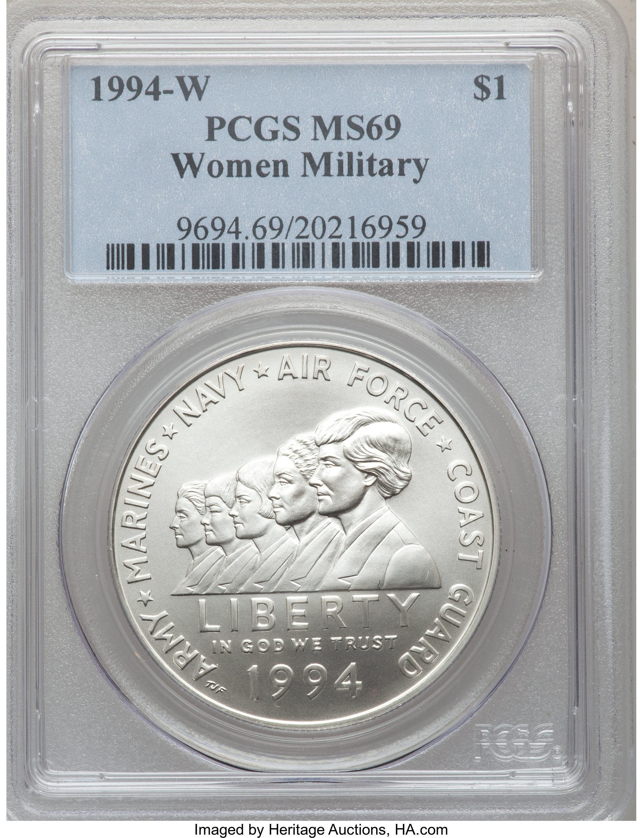 1994-W $1 Women Veterans Silver Dollar MS69 PCGS. PCGS Population (2200/297). NGC Census: (2232/842). Mintage: 53,054. Numi...
