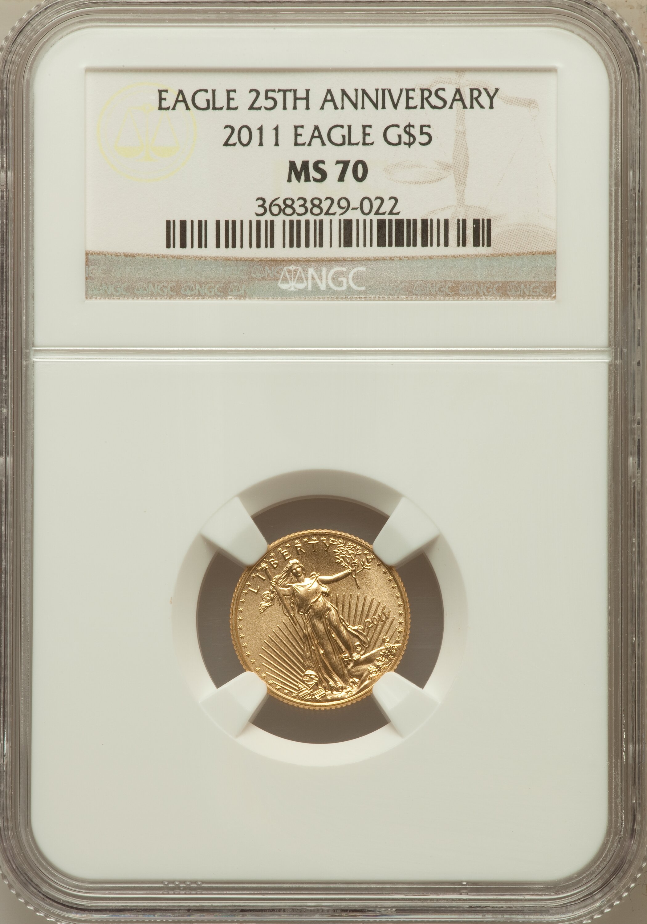 2011 G$5 Tenth-Ounce Gold Eagle, 25th Anniversary MS70 NGC. NGC Census: (512). PCGS Population (6)....