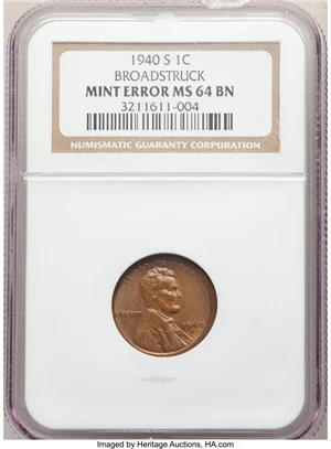 image for: 1940-S 1C Lincoln Cent -- Broadstruck -- MS64 Brown NGC.From The Don Bonser Error Coin Collection Part II...