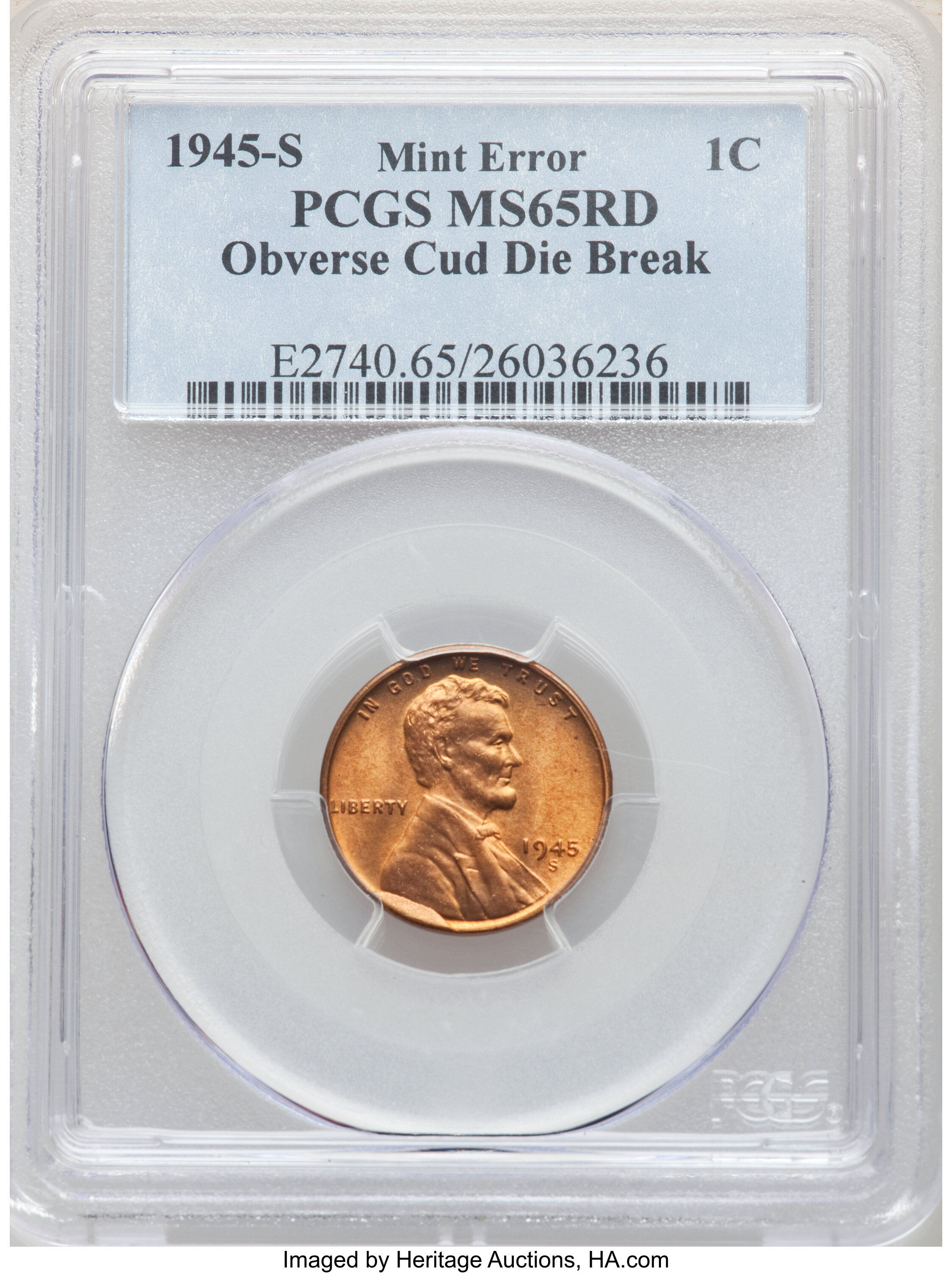 1945-S 1C Lincoln Cent -- Obverse Cud Die Break -- MS65 Red PCGS. From The Don Bonser Error Coin Collection Part II. ...