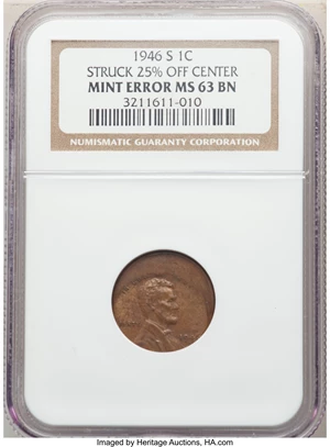 image for: 1946-S 1C Lincoln Cent -- Struck 25% Off Center -- MS63 Brown NGC.From The Don Bonser Error Coin Collecti...