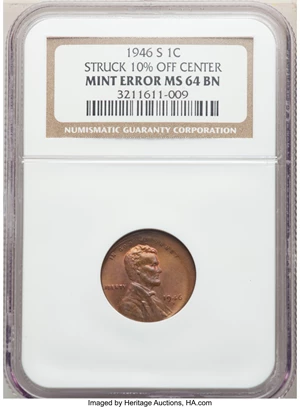 image for: 1946-S 1C Lincoln Cent -- Struck 10% Off Center -- MS64 Brown NGC.From The Don Bonser Error Coin Collecti...