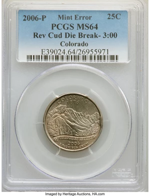 image for: 2006-P 25C Colorado Statehood Quarter -- Reverse Cud Die Break @3:00 -- MS64 PCGS.From The Don Bonser Err...