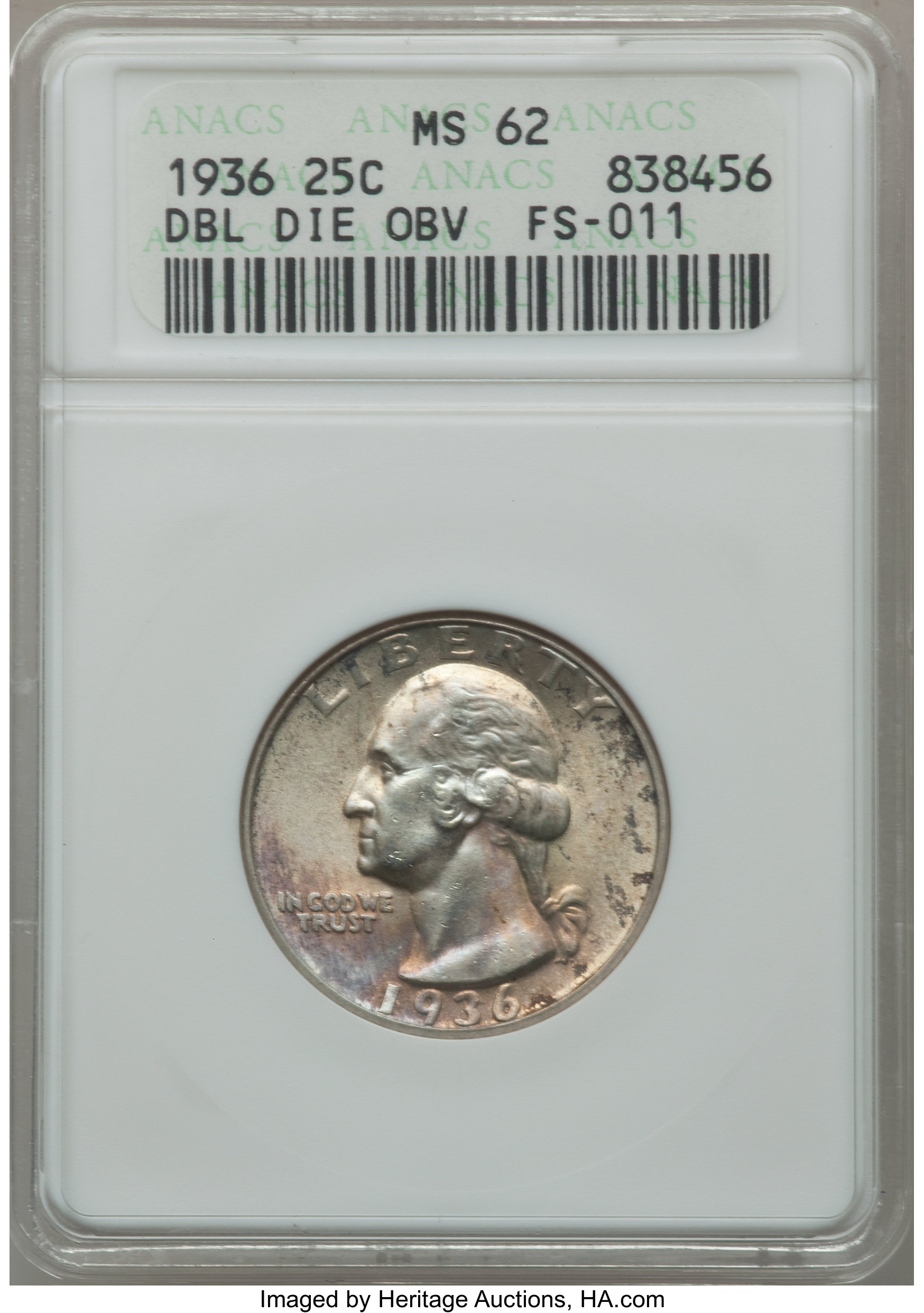 1936 25C Doubled Die Obverse, FS-011 MS62 ANACS. NGC Census: (32/1486). PCGS Population (27/2256). Mintage: 41,303,836. Num...