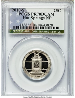 image for: 2010-S 25C Hot Springs NP, Clad PR70 Deep Cameo PCGS; 2010-S 25C Hot Springs NP, Silver PR70 Deep Cameo PCGS; 2010-S 25C Yello... (Total: 10 coins)