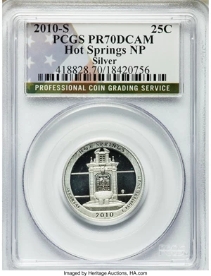 image for: 2010-S 25C Hot Springs NP, Clad PR70 Deep Cameo PCGS; 2010-S 25C Hot Springs NP, Silver PR70 Deep Cameo PCGS; 2010-S 25C Yello... (Total: 10 coins)