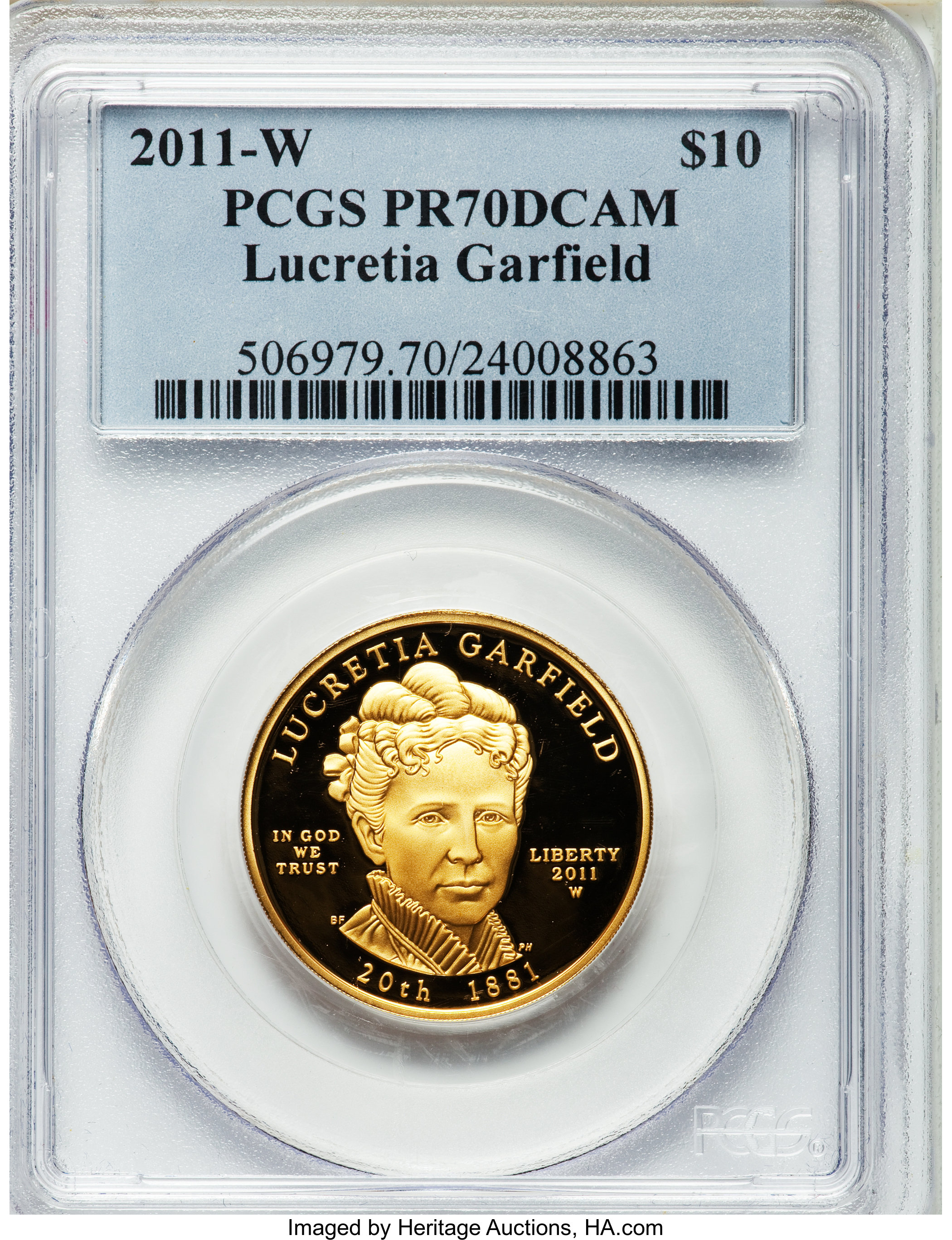 image for: 2011-W $10 Lucretia Garfield Half-Ounce Gold PR70 Deep Cameo PCGS. PCGS Population (38). NGC Census: (0).From The Twini...