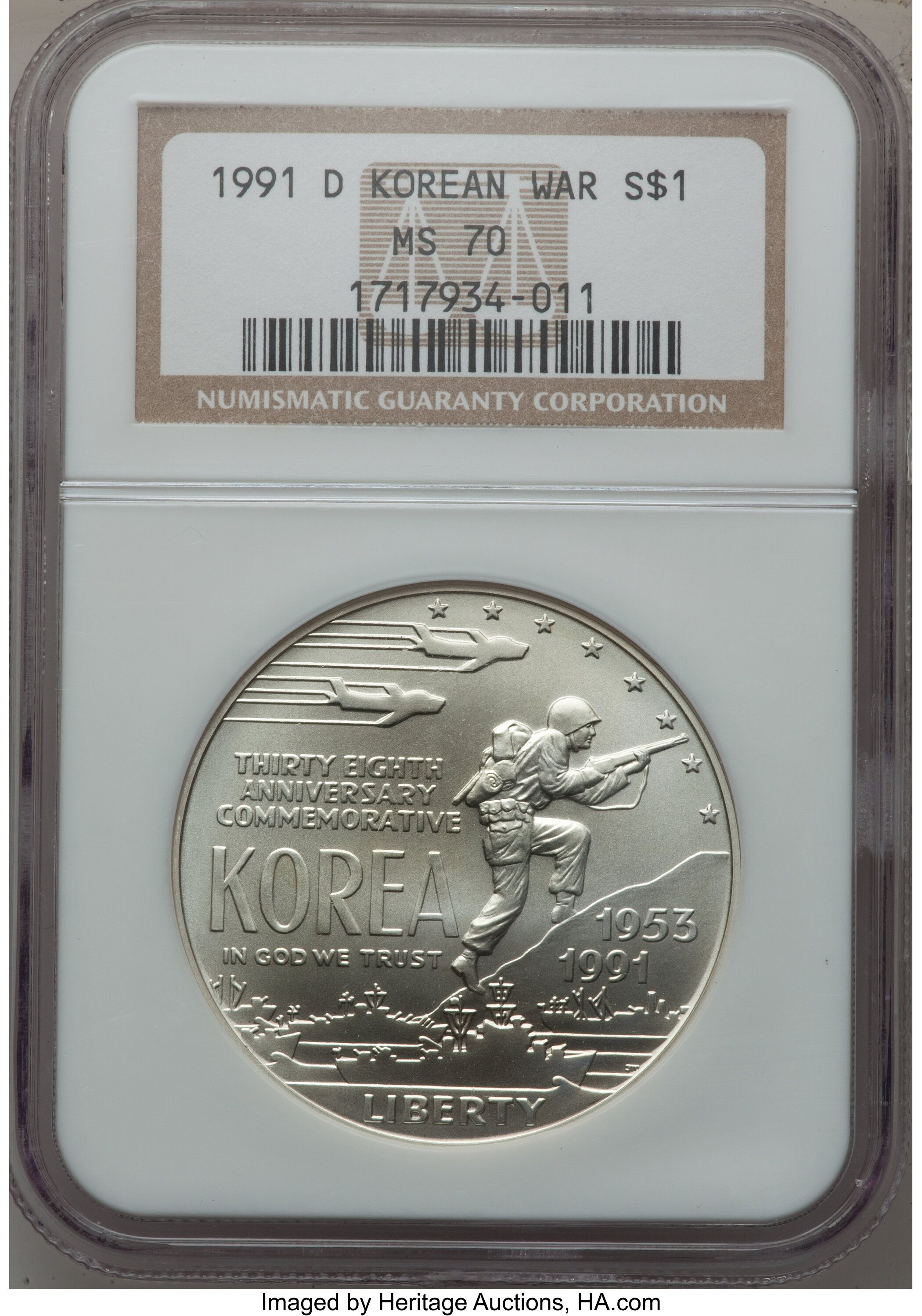 1991-D $1 Korean War Silver Dollar MS70 NGC. NGC Census: (287). PCGS Population (262). Mintage: 213,049. Numismedia Wsl. Pr...