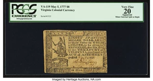 image for: Virginia May 5, 1777 $8 PCGS Apparent Very Fine 20....