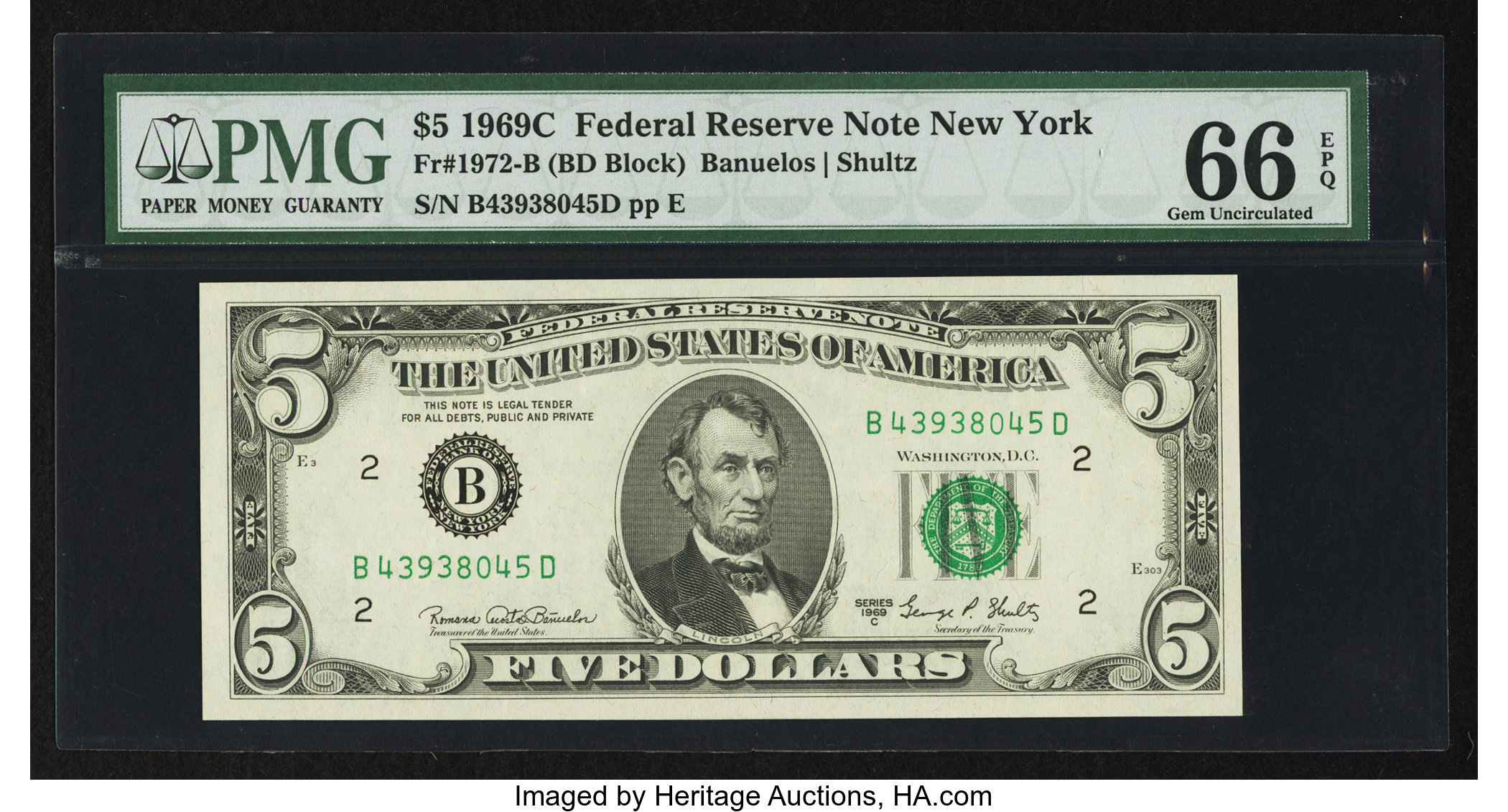 image for: Fr. 1972-B $5 1969C Federal Reserve Note. PMG Gem Uncirculated 66 EPQ....