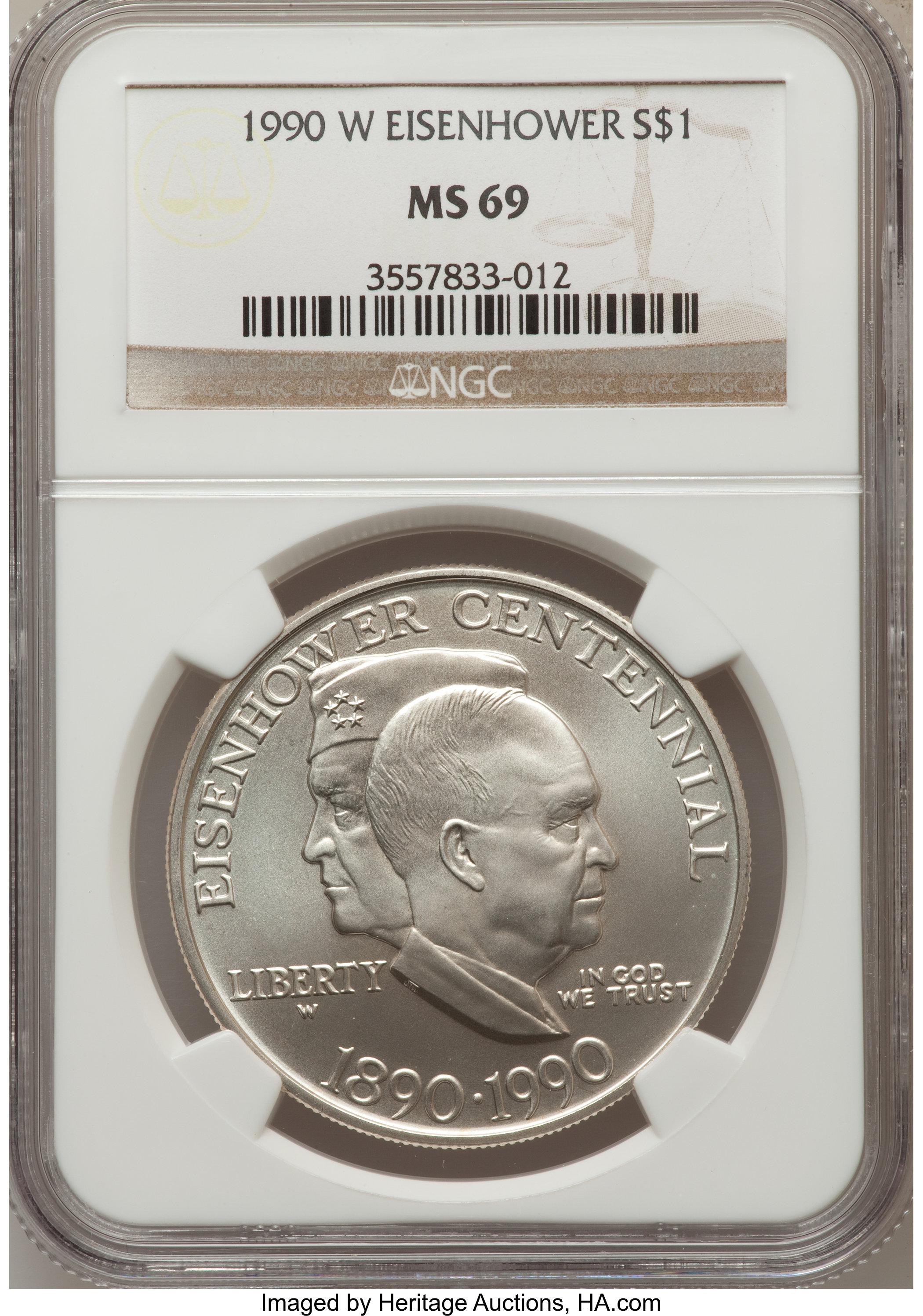 1990-W $1 Eisenhower Silver Dollar MS69 NGC. NGC Census: (1827/170). PCGS Population (2286/134). Mintage: 241,669. Numismed...