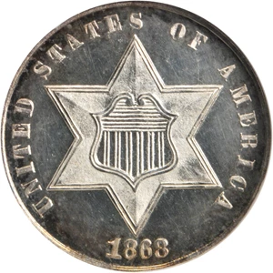 image for: 1868 Silver Three-Cent Piece. Proof-65 Ultra Cameo (NGC). CAC.