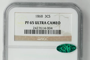 image for: 1868 Silver Three-Cent Piece. Proof-65 Ultra Cameo (NGC). CAC.