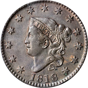 image for: 1818 Matron Head Cent. N-7. Rarity-1. Noyes Die State C/B. AU-58 (PCGS).