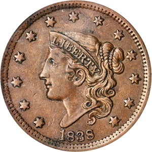 image for: 1838 Modified Matron Head Cent. N-10. Rarity-1. Noyes Die State B/D. EF-45 (PCGS).